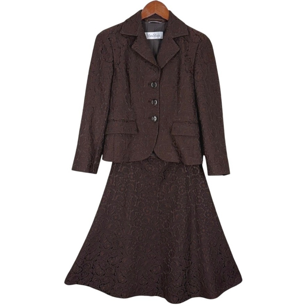 Max Mara Womens 2 Piece Skirt Suit Size 4 Brown Floral Brocade Made in Italy